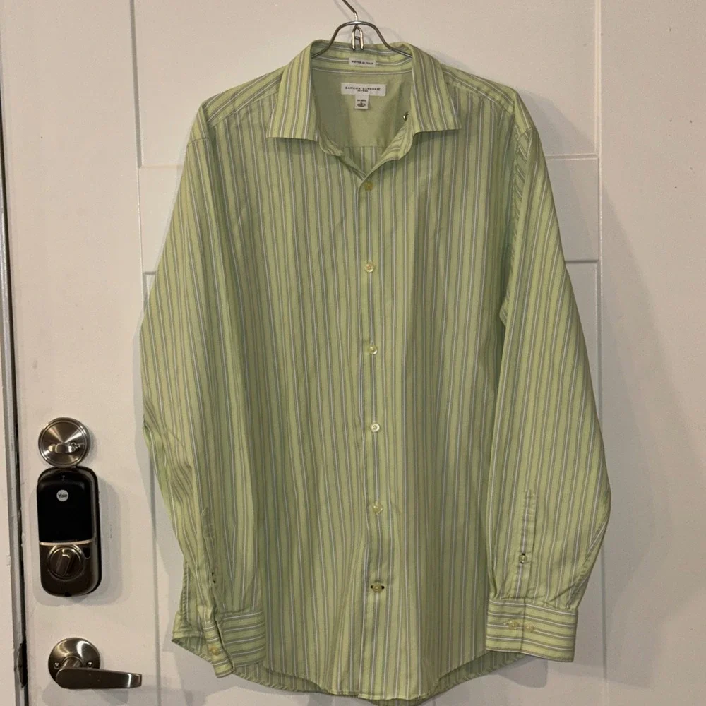 Banana Republic Mens Fitted Green Striped Long Sleeve Button Down Shirt Size L